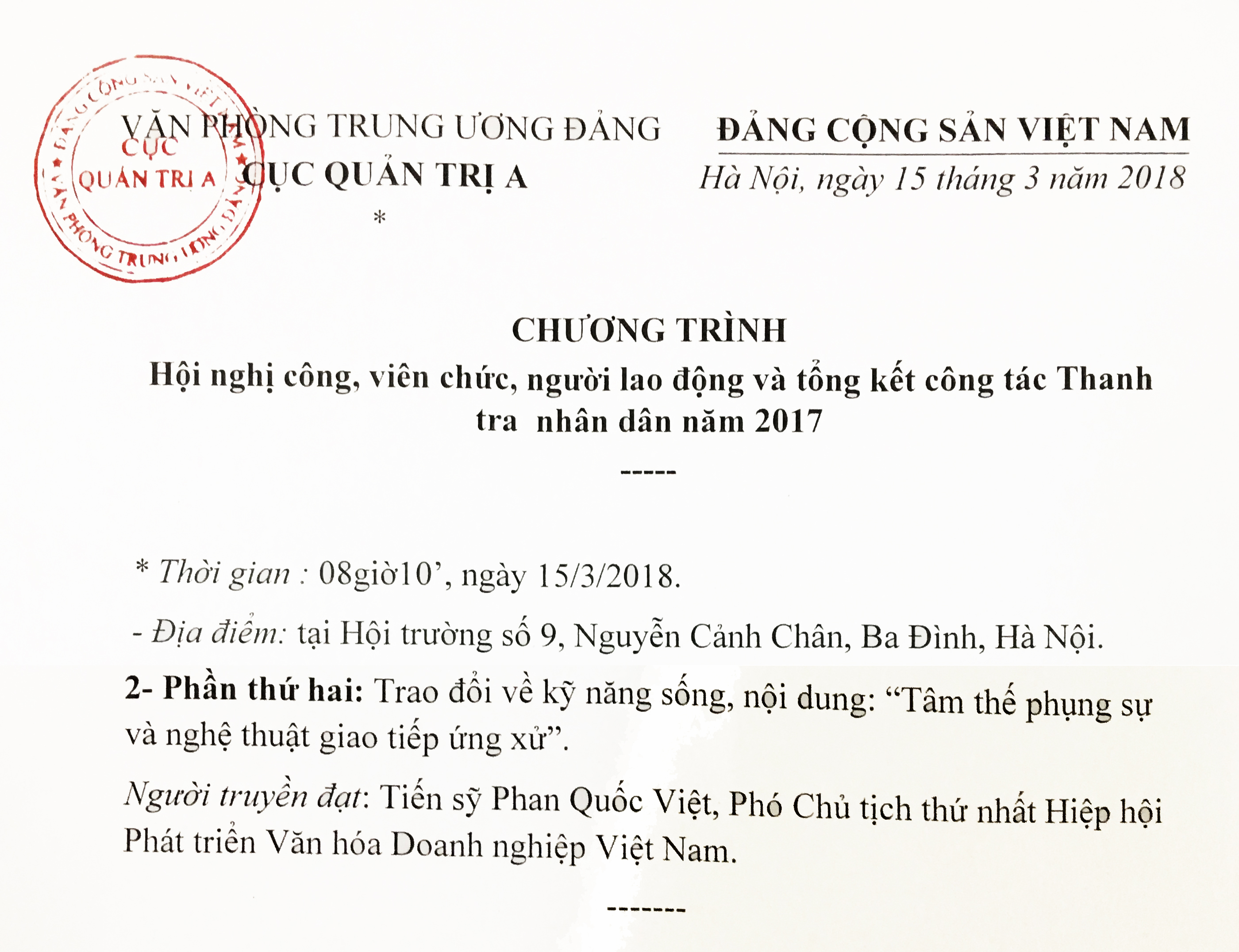 Tâm thế phụng sự & nghệ thuật giao tiếp ứng xử -VP TW ĐẢNG